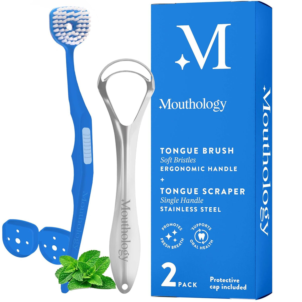 Mouthology Soft Bristle Tongue Brush and Tongue Scraper for Adults (2 Pack) and 10% Nano Hydroxyapatite Toothpaste (Fluoride Free)