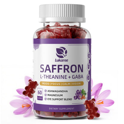 Saffron Gummies 88.5mg with L-Theanine 200mg, GABA for Mood, Focus & Vision | 10-in-1 Supplements for Adults with Ashwagandha, Eye Support Blend, GMP Certified, Sugar Free, Vegan, 60 Day Supply