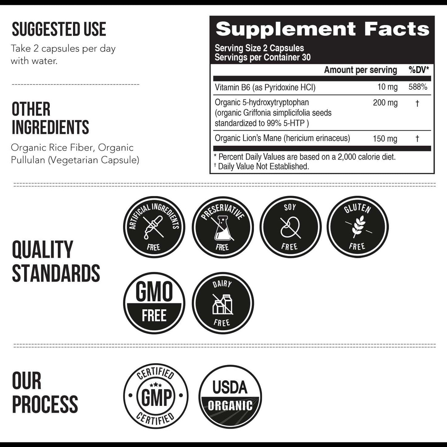 Organic 5-HTP - 200 mg | 99% 5HTP Concentration, Plus Cofactor Vitamin B6 & Lion’s Mane | Water Extracted from Organic Griffonia Seeds | Supports Mood, Cognition & Sleep (60 Capsules | 30 Servings)