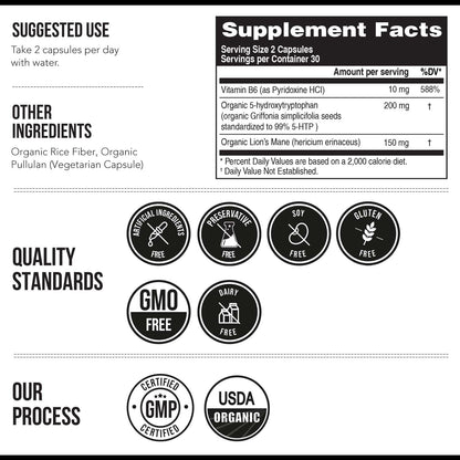 Organic 5-HTP - 200 mg | 99% 5HTP Concentration, Plus Cofactor Vitamin B6 & Lion’s Mane | Water Extracted from Organic Griffonia Seeds | Supports Mood, Cognition & Sleep (60 Capsules | 30 Servings)