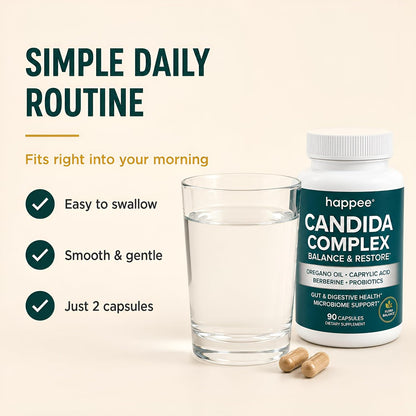 Happee Candida Cleanse Detox Supplement, Gut & Digestive Health, 90 Caps | For Women & Men - Yeast Overgrowth Support – Oregano, Caprylic Acid, Berberine & Probiotics