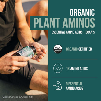 Plant Aminos Organic Essential Amino Acid Supplement (EAAs) & BCAA - 100% Plant-Based Raw, Vegan - All 9 Essential Amino Acids with 18 Total Amino Acids (360 Tablets)
