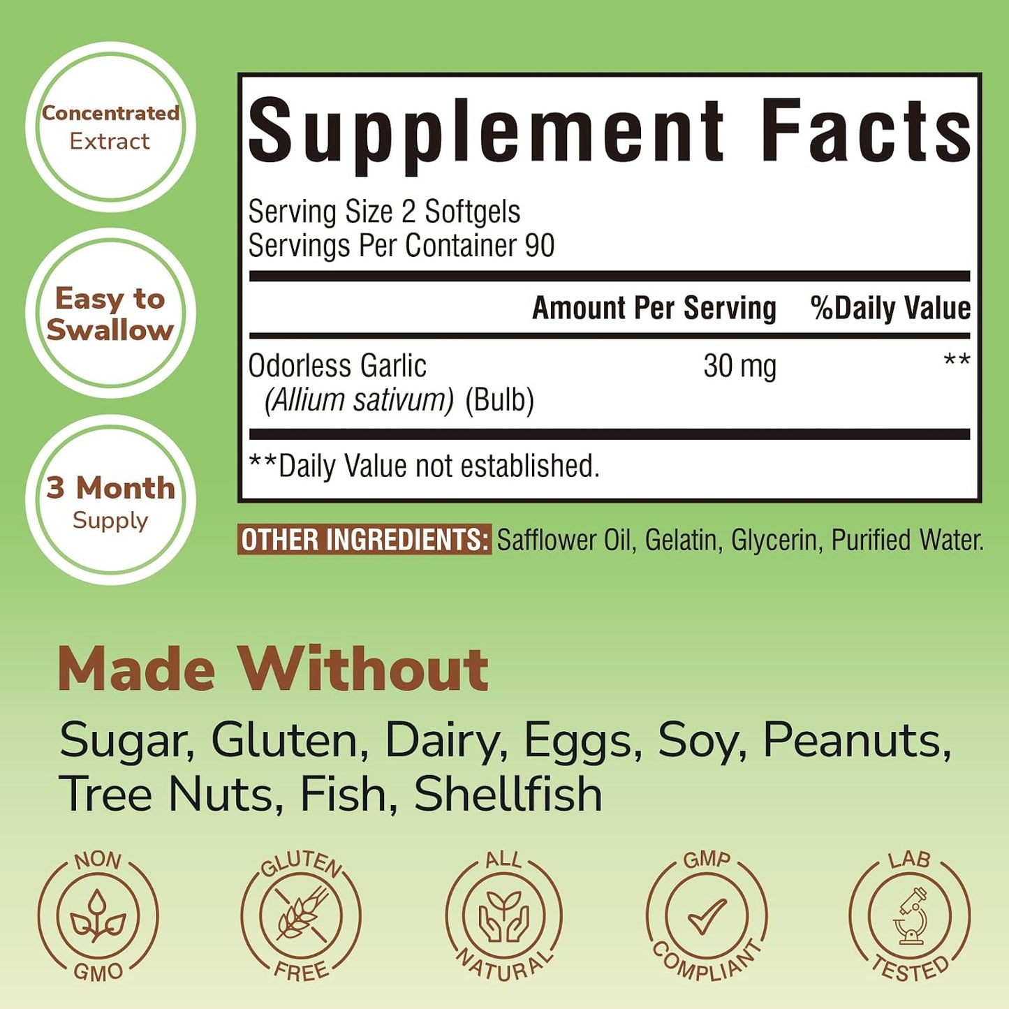 Odorless Garlic, Extra Strength Extract, Non-GMO, No Gluten, Heart & Immunity, Antioxidant Defense, 180 Softgels