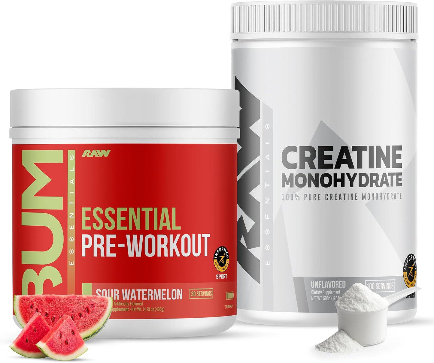 RAW Nutrition Creatine Monohydrate & Sour Watermelon Pre-Workout Powder Bundle