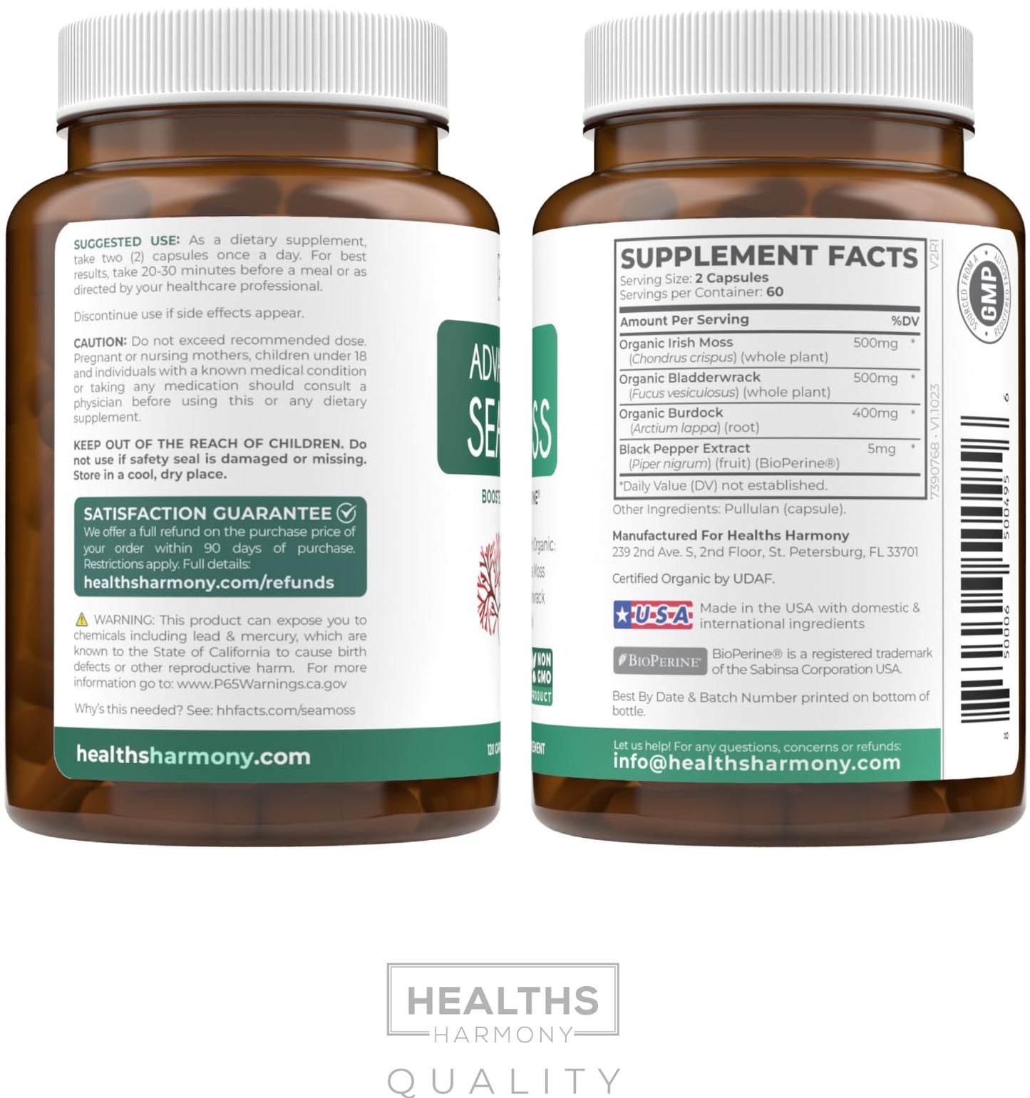 Organic Irish Sea Moss Capsules - Organic Sea Moss Capsules with Bladderwrack Burdock Root and Black Pepper Extract for Enhanced Absorption - Vegan Non-GMO & Made in the USA (1 Month Supply)