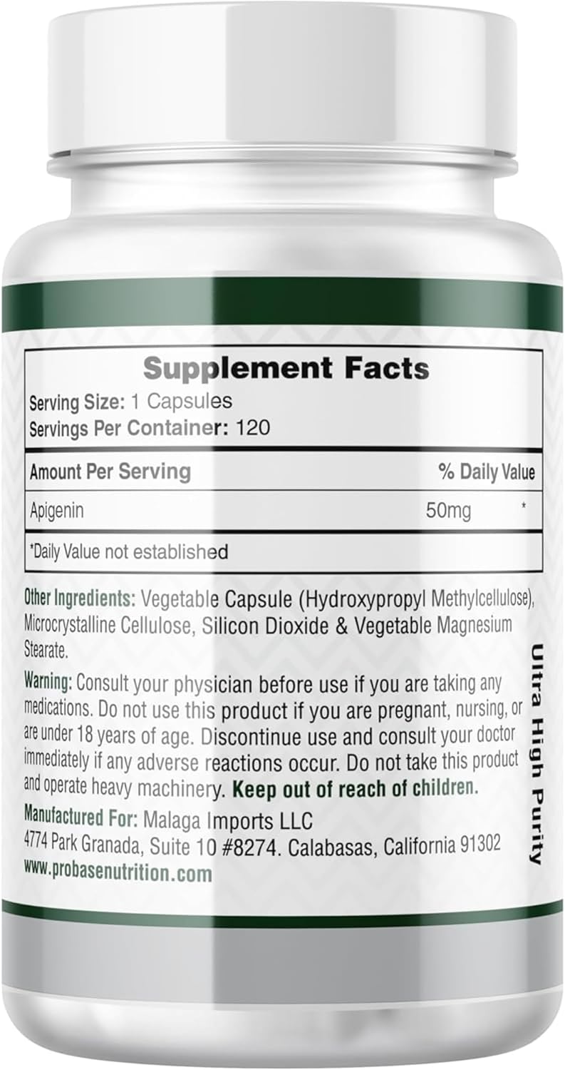 Probase Nutrition Ultimate Apigenin Capsules 50mg - Non-GMO, Vegan, Gluten Free - 4 Month Supply - Herbal Relaxation Support Formula