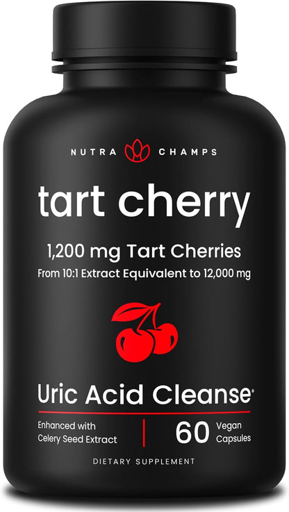 NutraChamps Organic Tart Cherry Extract Capsules - Made from Montmorency Tart Cherry Concentrate, Celery Seed & Bilberry - Supports, Sleep, Uric Acid Levels & Joint Health - 60 Vegan Capsules