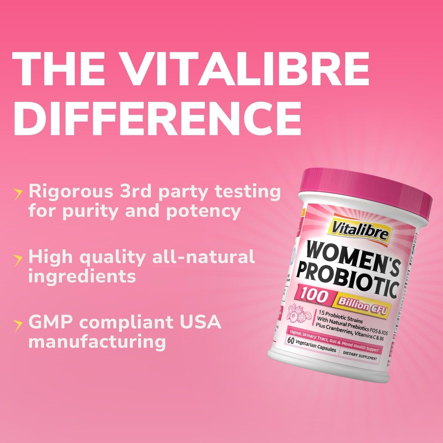 Vitalibre Probiotics for Women 100 Billion CFU 15 Strains, Daily Probiotic | 30 Vegan Capsules, Prebiotic Supplement with Organic Cranberry to Support Vaginal, Digestive, Immune Health, Shelf Stable