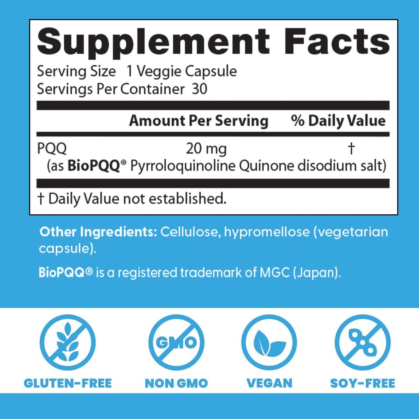 Doctor's Best PQQ with BioPQQ Supplement 20 mg - Brain Health Support for Men & Women, Pyrroloquinoline Quinone Capsules, Daily Mitochondrial Function & Energy Support, Gluten Free, Vegan- 30 Veg Caps