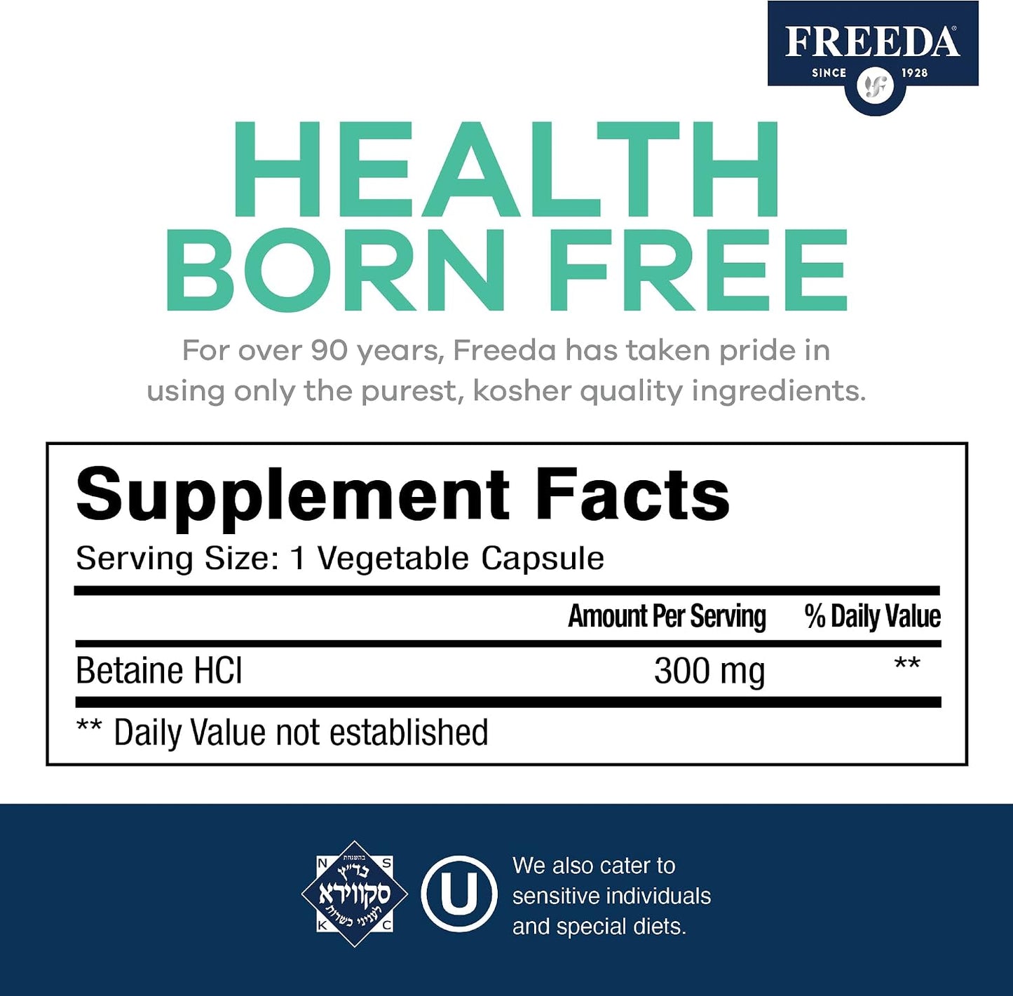 Freeda Betaine HCl Vegan Digestive Supplement - 90 Capsules | Vegan Betaine HCl Supplement - Supports Healthy Digestion - Free Of Pepsin - For Daily Digestive Wellness