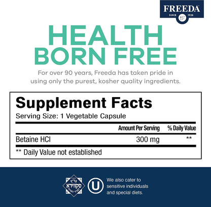 Freeda Betaine HCl Vegan Digestive Supplement - 90 Capsules | Vegan Betaine HCl Supplement - Supports Healthy Digestion - Free Of Pepsin - For Daily Digestive Wellness