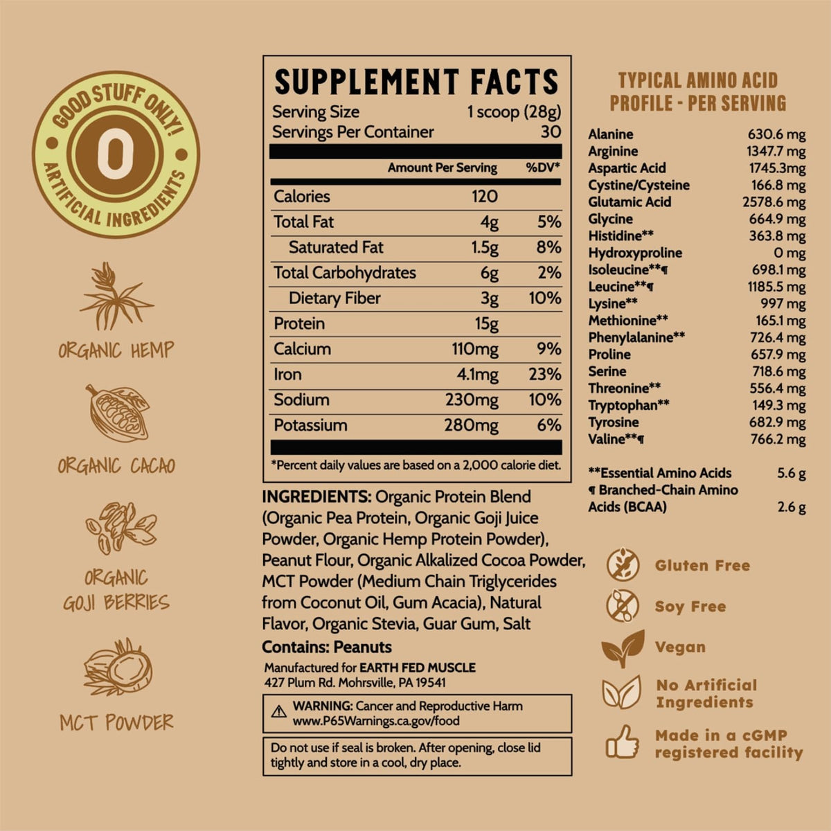 Earth Fed Muscle Organic Plant Protein Powder, Chocolate, 1.74 lb