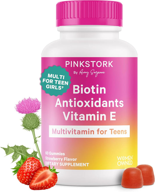 Pink Stork Biotin Multivitamin for Teens, 60 Berry Gummies | Antioxidants, Vitamin E, Clinically Studied Vitamins + Nutrients, Hair, Skin, Nails + Immune Support