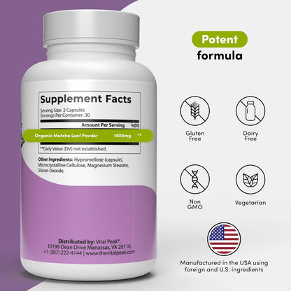 Matcha Peak 1000mg - Organic Matcha Green Tea Extract for Weight Loss Support - EGCG Supplements - Vegan, Non GMO, Gluten Free Green Tea Pills - 60 Green Tea Supplement Capsules