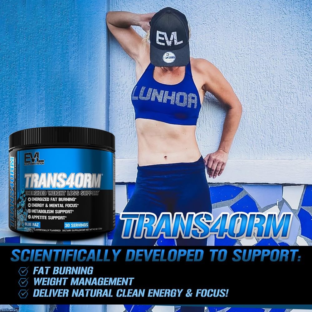 Evlution Thermogenic Fat Burning Support Powder Nutrition Trans4orm Fast Acting Energy Powder to Support Fast Metabolism Weight Loss and Mental Focus with CLA Carnitine and Alpha GPC - Blue Raz