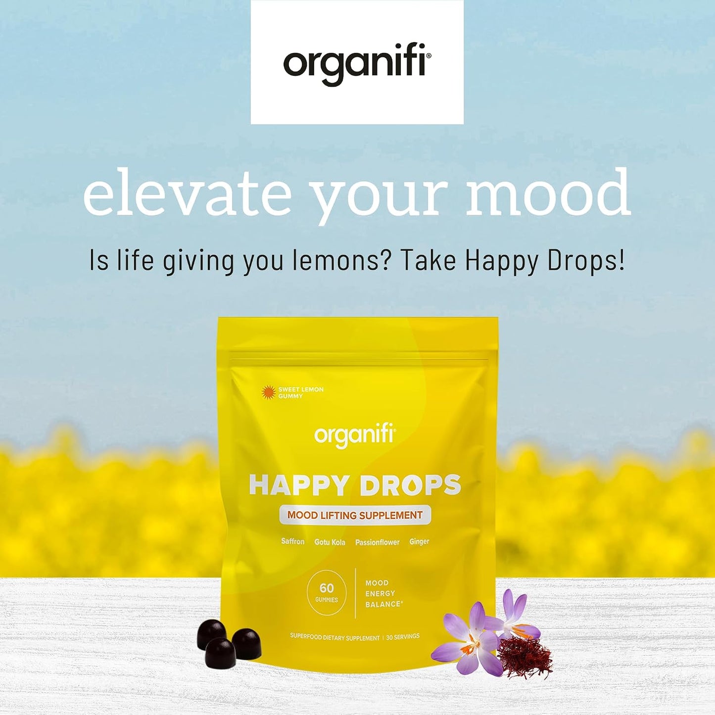Organifi Happy Drops - Daily Superfood Happy Gummies for Adults - Mood Support Supplement for Balance, Bliss, Energy and Taking the Edge Off - Sweet Lemon Flavor - 60 Gummies