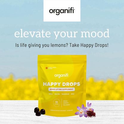 Organifi Happy Drops - Daily Superfood Happy Gummies for Adults - Mood Support Supplement for Balance, Bliss, Energy and Taking the Edge Off - Sweet Lemon Flavor - 60 Gummies
