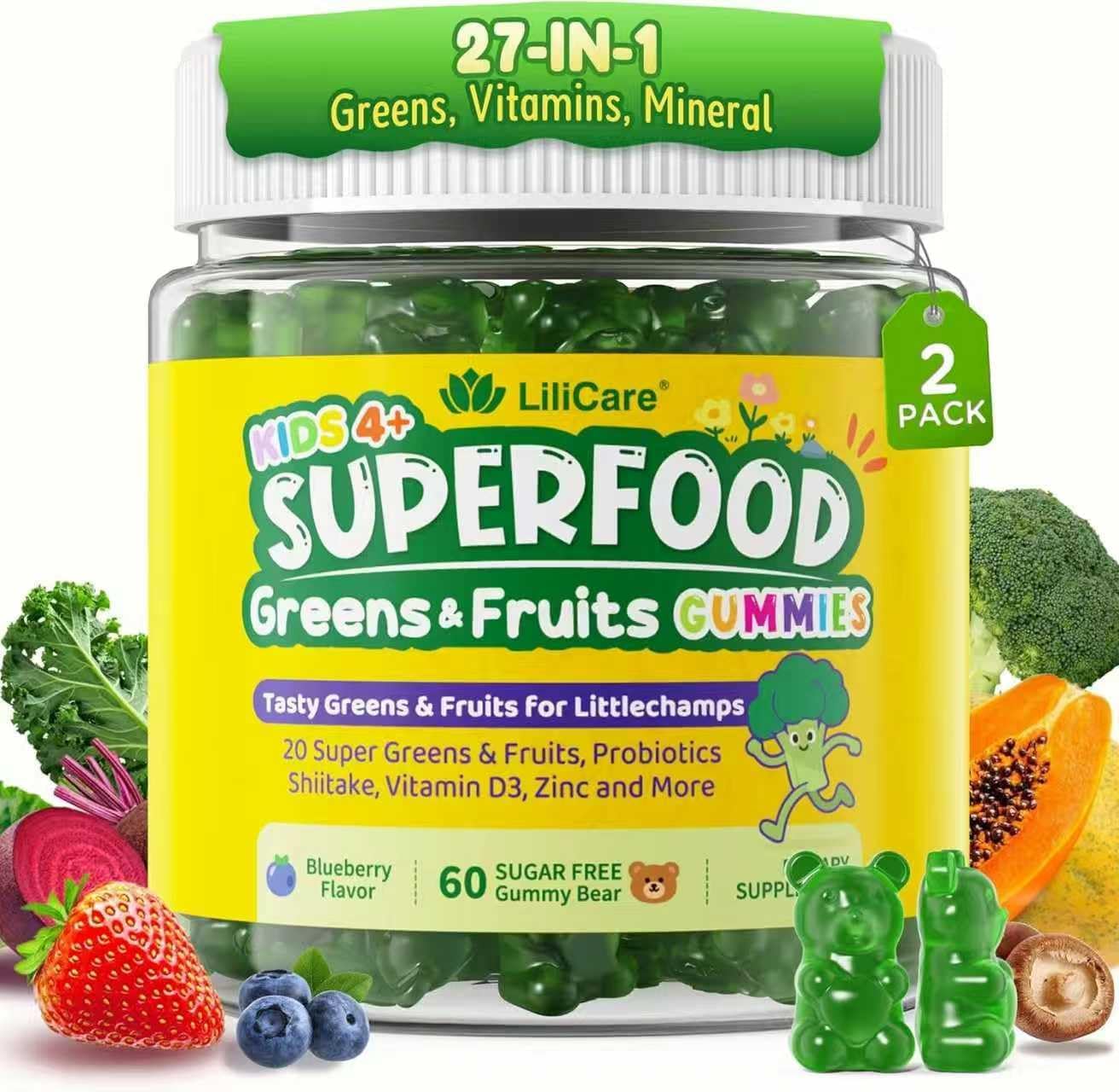 Kids Super Greens Gummies, Superfood Multivitamin for Kids, 30 Veggie, Fruit, Vitamin, Mineral, Probiotic, Kids Vitamin Gummies for Growth, Immunity, Digestion, Picky Eater Approved, Sugar Free 2Pack