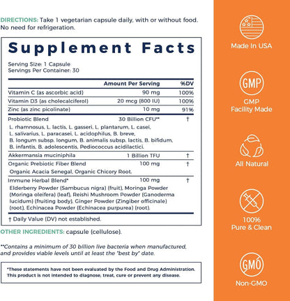 NewRhythm Probiotics for Immune Support, Akkermansia Probiotic Supplement for Women & Men, 30 Billion CFU 16 Strains, Plus Zinc, Vitamin C & D3, Elderberry & Echinacea, Non-GMO, 30 Capsules