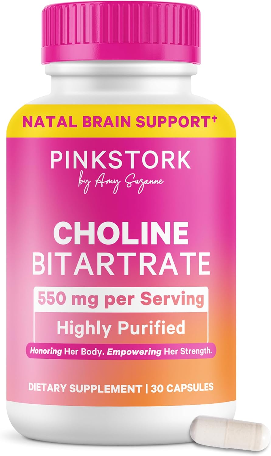 Pink Stork Choline Bitartrate from VitaCholine, 550 mg, 30 Count | Prenatal Vitamin for Pregnancy + Postpartum Moms, Fetal Cognitive Health + Breast Milk Quality, Maternal Cognition + Clarity