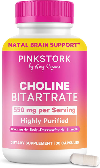 Pink Stork Choline Bitartrate from VitaCholine, 550 mg, 30 Count | Prenatal Vitamin for Pregnancy + Postpartum Moms, Fetal Cognitive Health + Breast Milk Quality, Maternal Cognition + Clarity