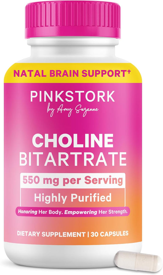 Pink Stork Choline Bitartrate from VitaCholine, 550 mg, 30 Count | Prenatal Vitamin for Pregnancy + Postpartum Moms, Fetal Cognitive Health + Breast Milk Quality, Maternal Cognition + Clarity