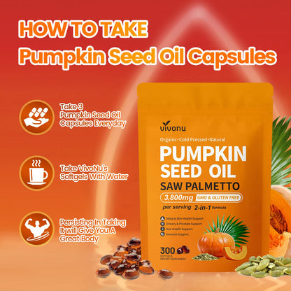 VivoNu Pumpkin Seed Oil with Saw Palmetto Capsules,3800mg 300 Softgels | Cold Pressed,Pure Virgin Oil,Essential Fatty Acids&Phytosterols | Supports Hair,Urinary,Bladder&Prostate Health|Non-GMO