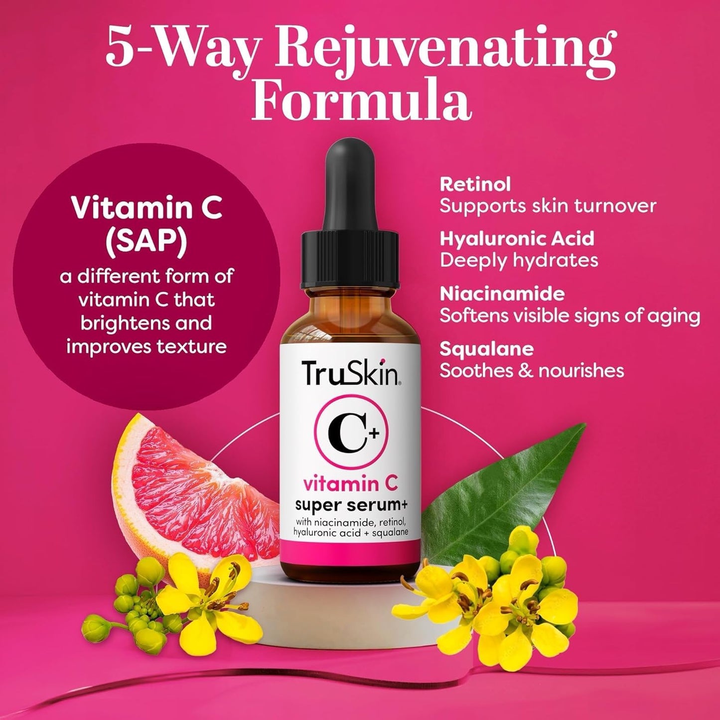 TruSkin Vitamin C Super Serum for Face, 5 Skin Benefits, 1 fl oz | Vitamin C, Retinol, Niacinamide, Hyaluronic Acid and Squalane to brighten, firm, smooth, hydrate, and refine skin
