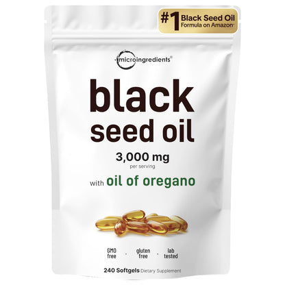 Micro Ingredients Black Seed Oil Softgels, 3,000mg, 240 Count | 2-in-1 Formula with Oil of Oregano, Carvacrol & Thymoquinone | Plant Based, Non-GMO