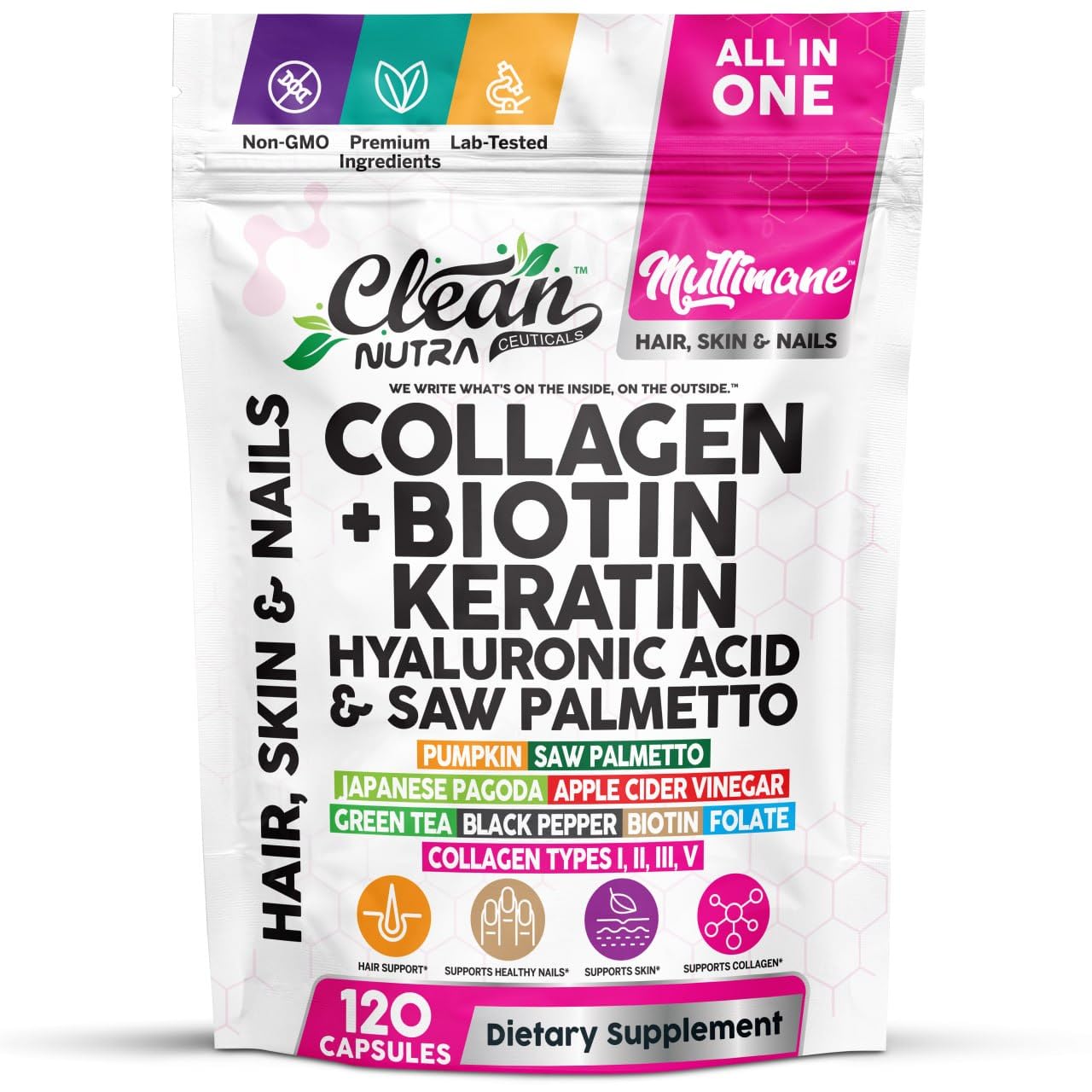 Clean Nutraceuticals Collagen Pills 1000mg Biotin 10000mcg Keratin Saw Palmetto Hyaluronic Acid - Hair Skin & Nails Vitamins & DHT Blocker with Vitamin E Folic Acid Pumpkin Seed MSM - 90 Count