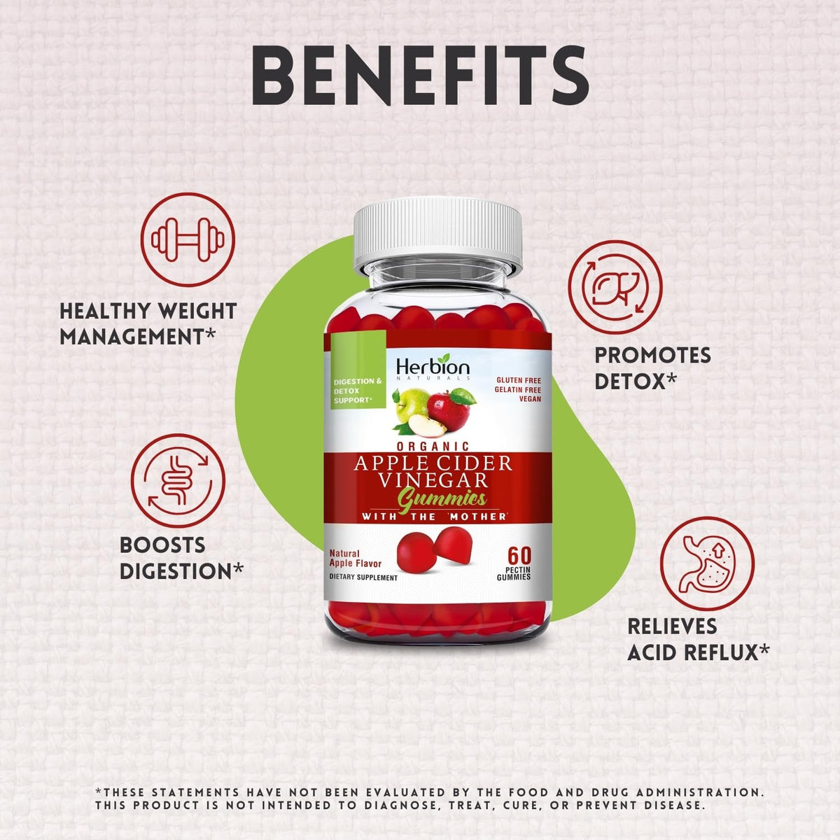 Herbion Naturals Organic Apple Cider Vinegar Gummies with The Mother, Supports Healthy