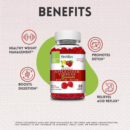 Herbion Naturals Organic Apple Cider Vinegar Gummies with The Mother, Supports Healthy