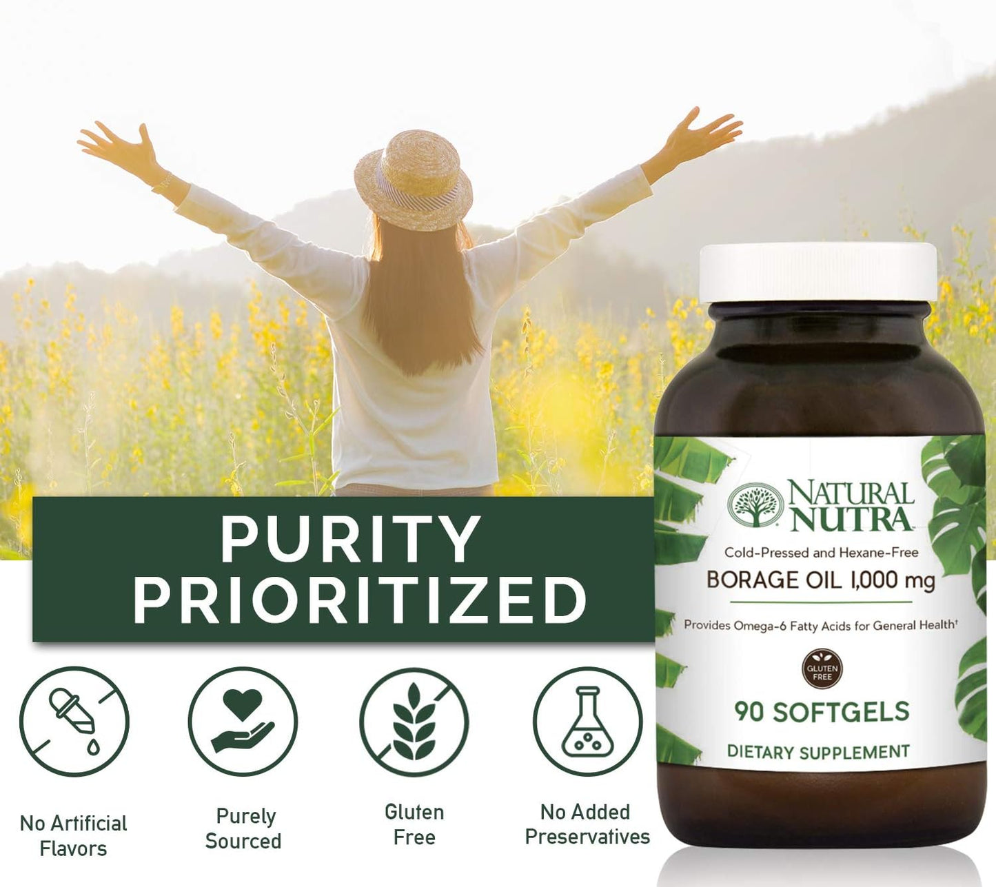 Natural Borage Oil Supplement, Omega-6 Fatty Acid, 90 Softgels | Rich in gamma-linolenic acid (GLA), Supporting Skin, Nerve, & Joint Health