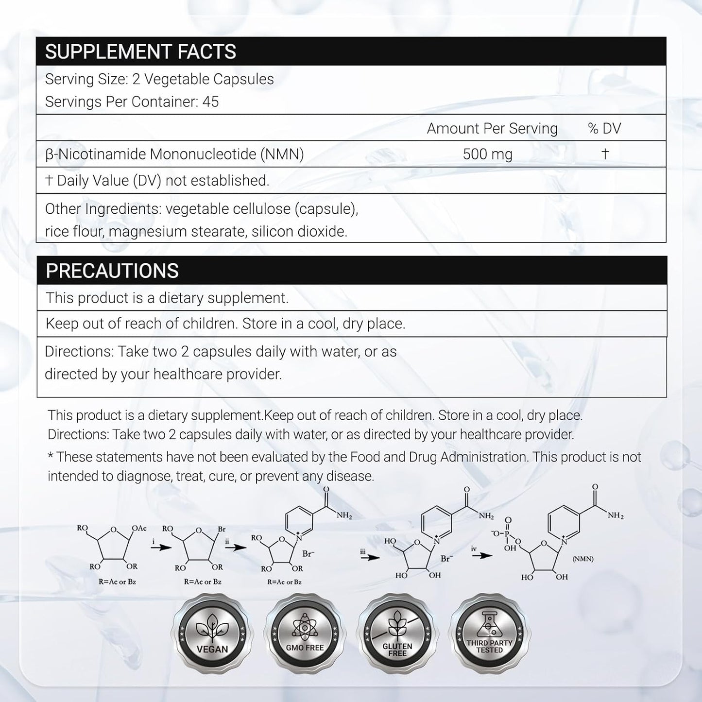 NMN Supplement 500mg - 99.9% Pure NMN Supplement Capsules for Increased NAD Levels & Healthy Aging - Third Party Tested Stabilized Capsules, cGMP Certified, 90 Liposomal NMN (45 Servings)