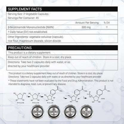 NMN Supplement 500mg - 99.9% Pure NMN Supplement Capsules for Increased NAD Levels & Healthy Aging - Third Party Tested Stabilized Capsules, cGMP Certified, 90 Liposomal NMN (45 Servings)