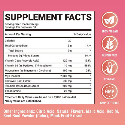 Hormone Balance for Women, Female Hormonal Support Drink Mix with Myo-inositol, Magnesium, Rhodiola Rosea, Vitamin C, Cortisol Supplement for Women, Vegan, Sugar-Free, Non-GMO, 30 Stick Packs
