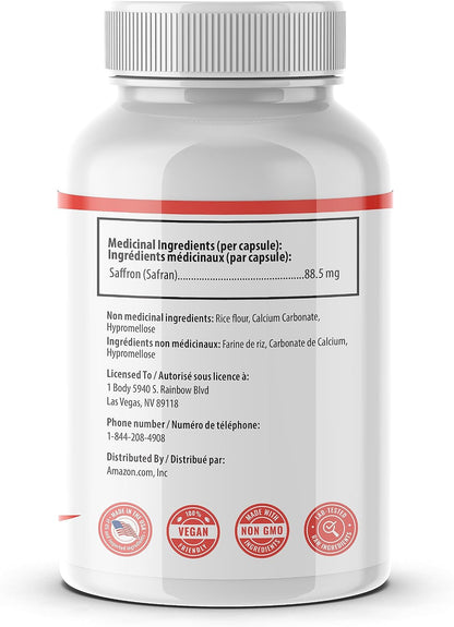 1 Body Saffron Extract Supplement, 88.5 mg Safranal, Antioxidant and Mood Support, Vegetarian Capsules