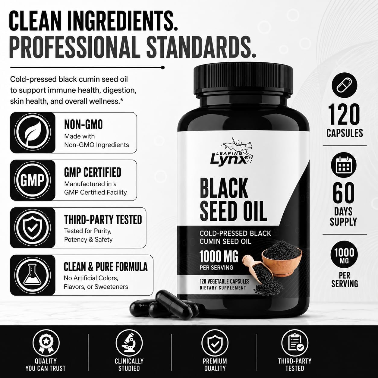Leaping Lynx Black Seed Oil 1000mg – Cold-Pressed Nigella Sativa Softgels for Immune, Heart, Joint & Skin Health | 120 Softgels (60-Day Supply) | Non-GMO, Cold Pressed Black Cumin Seed Oil