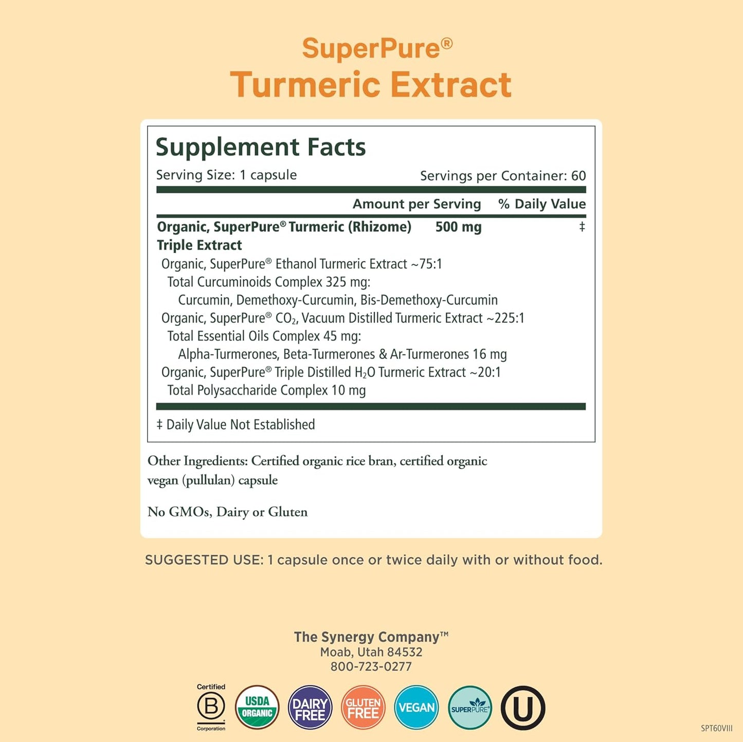 Pure Synergy SuperPure Turmeric Extract | Organic Curcumin Supplement | 500 mg Turmeric Extract Capsules | Potent Support for Immune and Joint Health (60 Capsules)