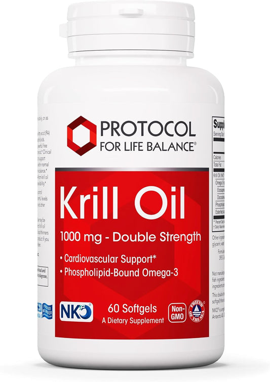 PROTOCOL FOR LIFE BALANCE Krill Oil 1,000mg, DHA & EPA, 60 Softgels | Extra Strength Krill Oil Supplement, DHA and EPA, with Astaxanthin, Support Heart, Brain, Joints*, Non-GMO and Halal