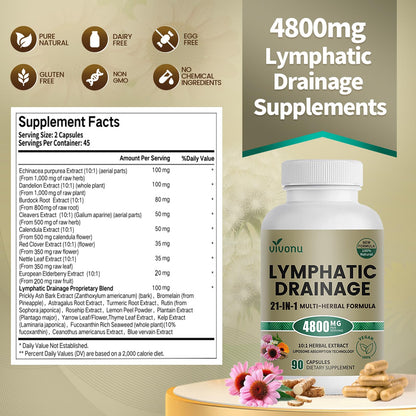 21-in-1 Liposome Lymphatic Drainage Supplements, 90 Day Supply, 4800mg Immune & Lymph System Support, 10:1 Concentrated Technology, Echinacea, Dandelion, Burdock, Bromelain, Calendula, 2 Bottle