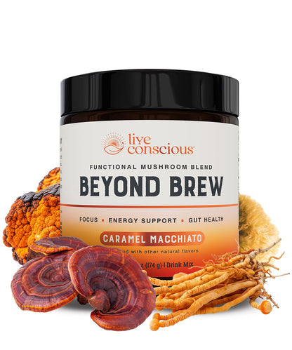 Live Conscious Beyond Brew - Coffee Alternative - Low Caffeine - Mushroom Complex w/Lion’s Mane, Reishi, Cordyceps & Chaga for Sustained Focus, Energy & Immunity - w/Prebiotics & Probiotics - 30