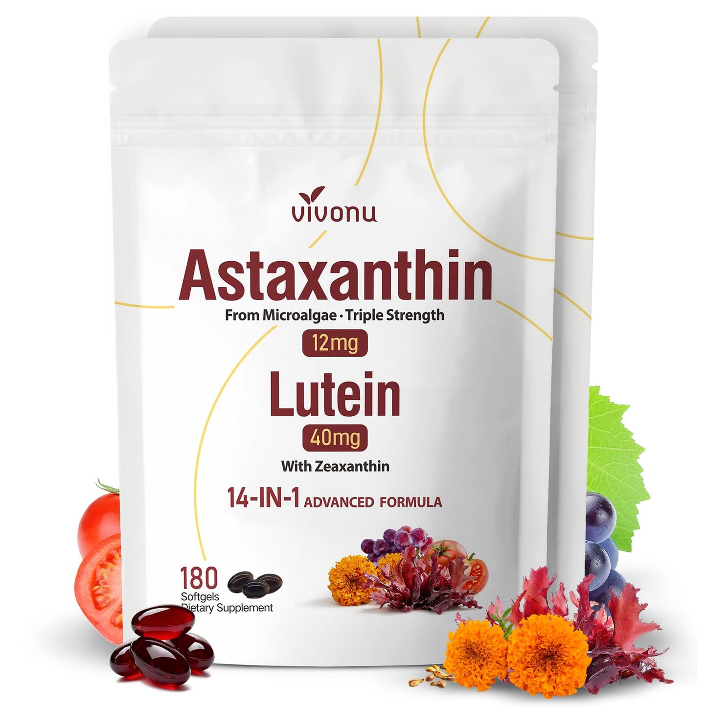 14-in-1 Astaxanthin 12mg & Lutein 40mg with Zeaxanthin Supplements, 6 Month Supply, Fresh Microalgae Source, Supports Eye, Skin, Antioxidant, Joint, Circulatory Health Non-GMO Gluten Free 180 Softgels