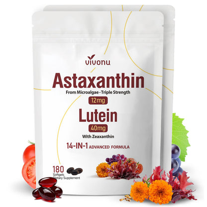 14-in-1 Astaxanthin 12mg & Lutein 40mg with Zeaxanthin Supplements, 6 Month Supply, Fresh Microalgae Source, Supports Eye, Skin, Antioxidant, Joint, Circulatory Health Non-GMO Gluten Free 180 Softgels