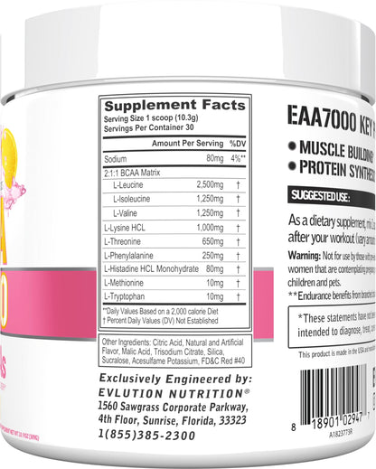 EAAs Amino Acids Powder - EAA Essential Amino Acids Pre & Post Workout Powder for Muscle Building Endurance and Recovery Support with 7g per Serving Plus 5g BCAAs (Pink Lemonade, 30 Servings)