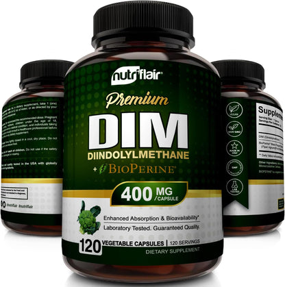 NutriFlair DIM 400mg with BioPerine, 120 Capsules - High Potency Diindolylmethane Supplement - for Men & Women - Vegan, Non-GMO - 4 Month Supply