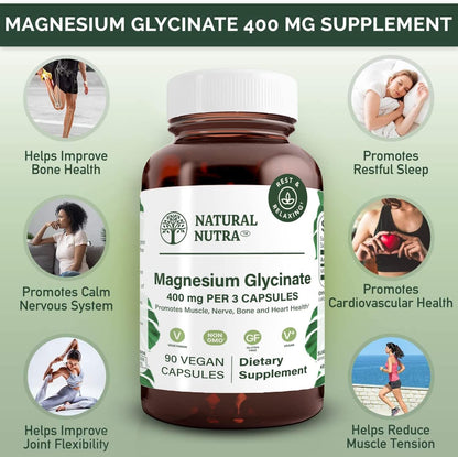 Natural Nutra Magnesium Glycinate 400 mg Supplement, Promotes Cardiovascular Health, Vegan, Helps Improve Bone Health, Soy Free, 90 Capsules