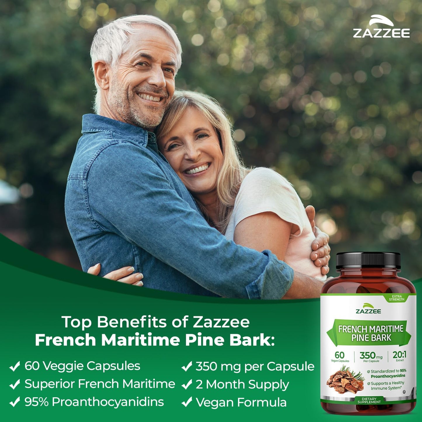 Zazzee Extra Strength French Maritime Pine Bark Extract 20:1, 350 mg Per Capsule, 95% Proanthocyanidins, 180 Vegan Capsules, 6 Month Supply, Certified Kosher, Antioxidant Support, Non-GMO, Made in USA