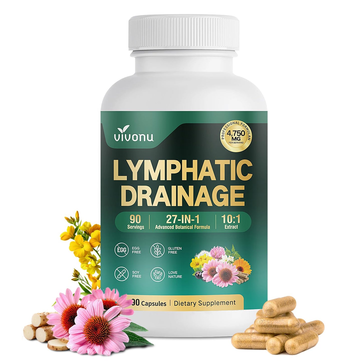 VivoNu 27-in-1 Liposome Lymphatic Drainage Supplements, 90 Day Supply with Echinacea, Chlorophyll, Dandelion, Burdock, Mullein Leaf Extract for Lungs, 10:1 Concentrated Technology, 90 Capsules