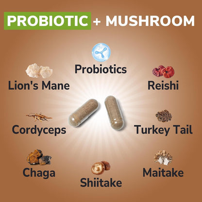 Vitalibre Probiotics+Mushroom, with Lion's Mane, Reishi, Cordyceps, 10 Probiotic Strains, 1000mg Mushroom Extract Blend, for Digestive, Immune, Brain Health & Energy Production, 60 Vegan Capsules